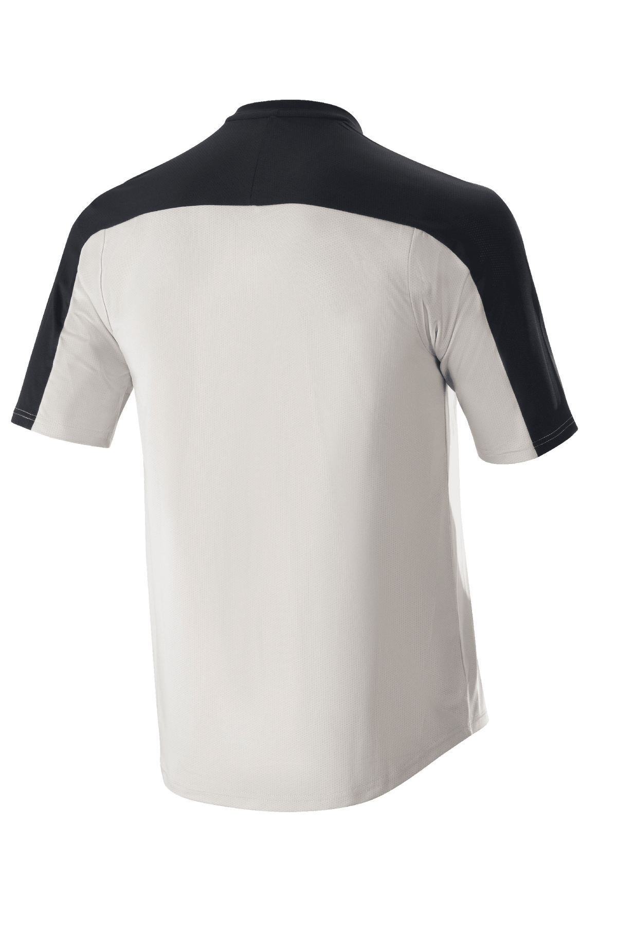 Camisola Alpinestars Drop Meta - Manga Curta, camisola de MTB, cinza claro e preto, vista traseira apresentando uma pala de ombro preta e cauda estendida, construção em malha respirável para ciclismo fora de estrada