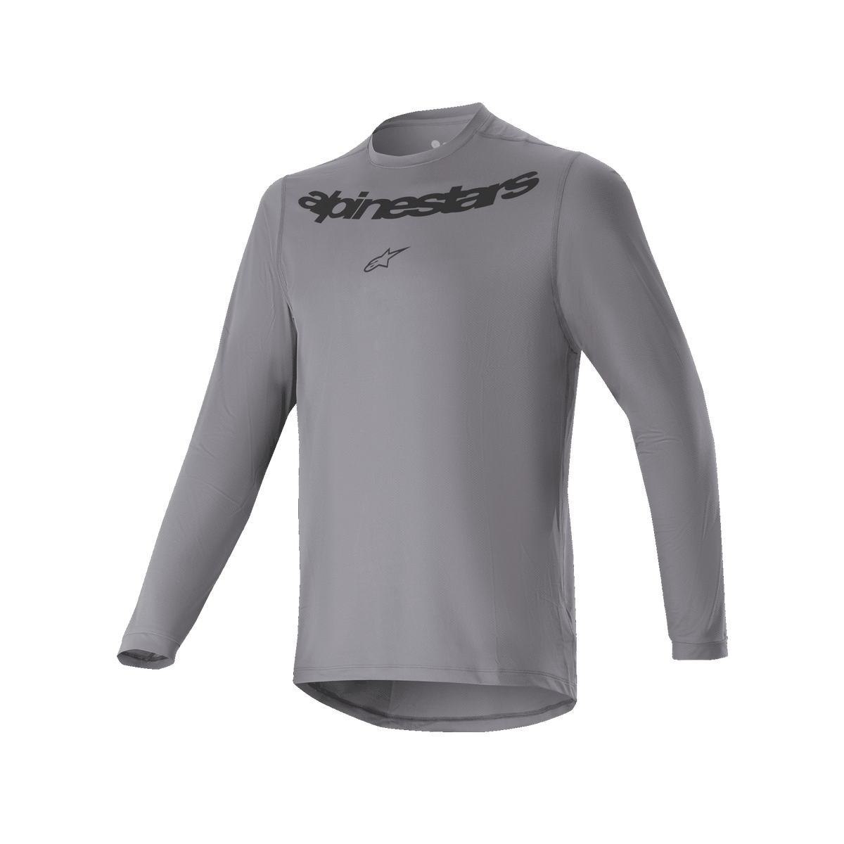 Alpinestars A-Dura Rocker Long Sleeve Jersey, camisola de ciclismo BTT, cinza escuro, com marca nominativa e logótipo de estrela Alpinestars em preto no peito, parte traseira mais comprida, equipamento de ciclismo de performance para BTT