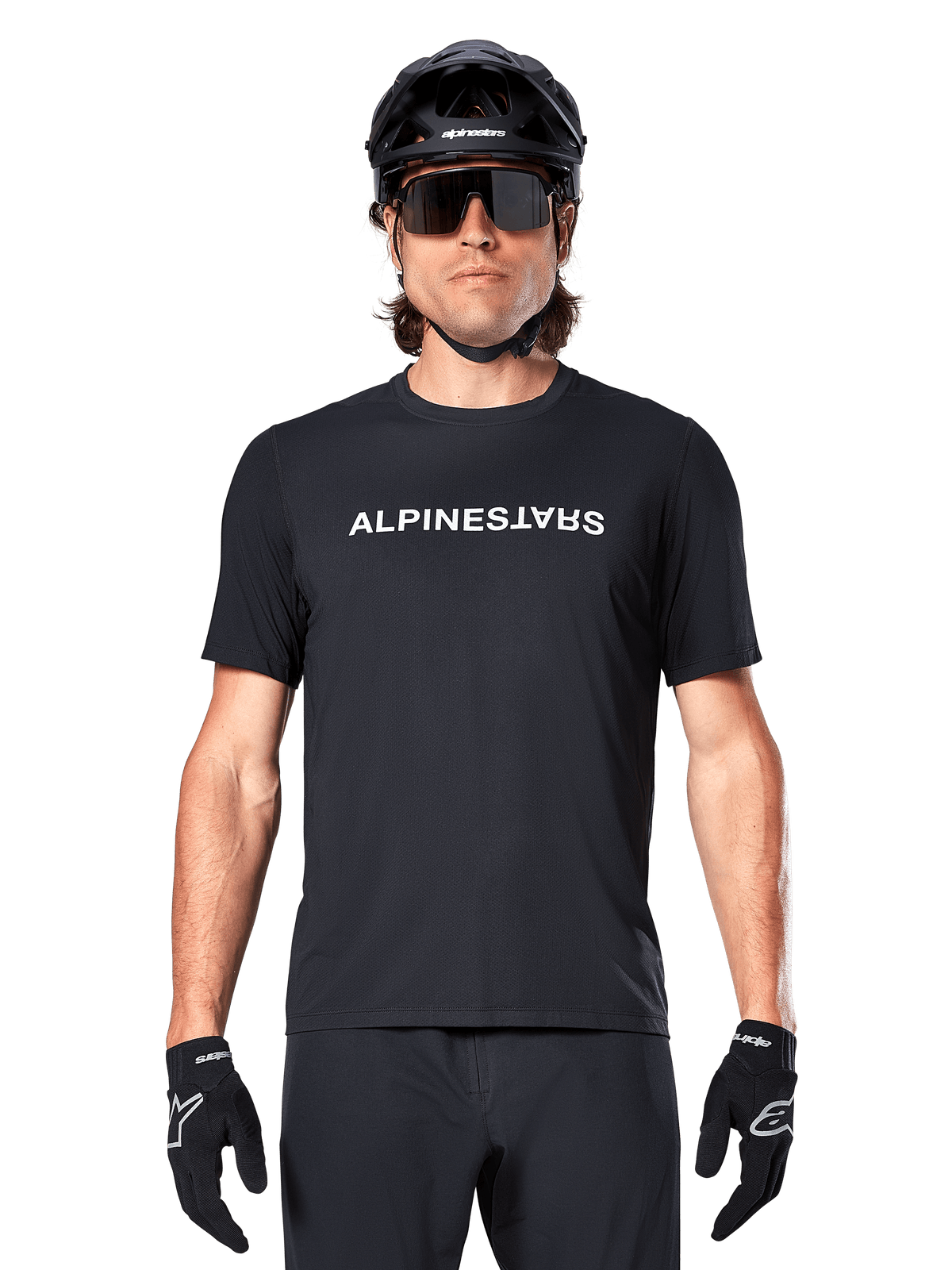 Alpinestars A-Dura Switch, camisola de manga curta para MTB, para homem, preta, com logótipo branco e absorção de humidade.