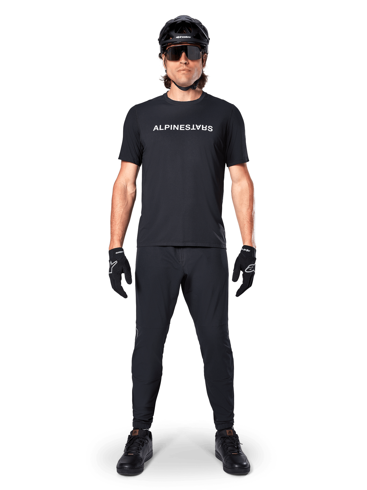 Alpinestars camisola A-Dura Switch, camisola de MTB de manga curta para homem, preta, com logótipo branco no peito.