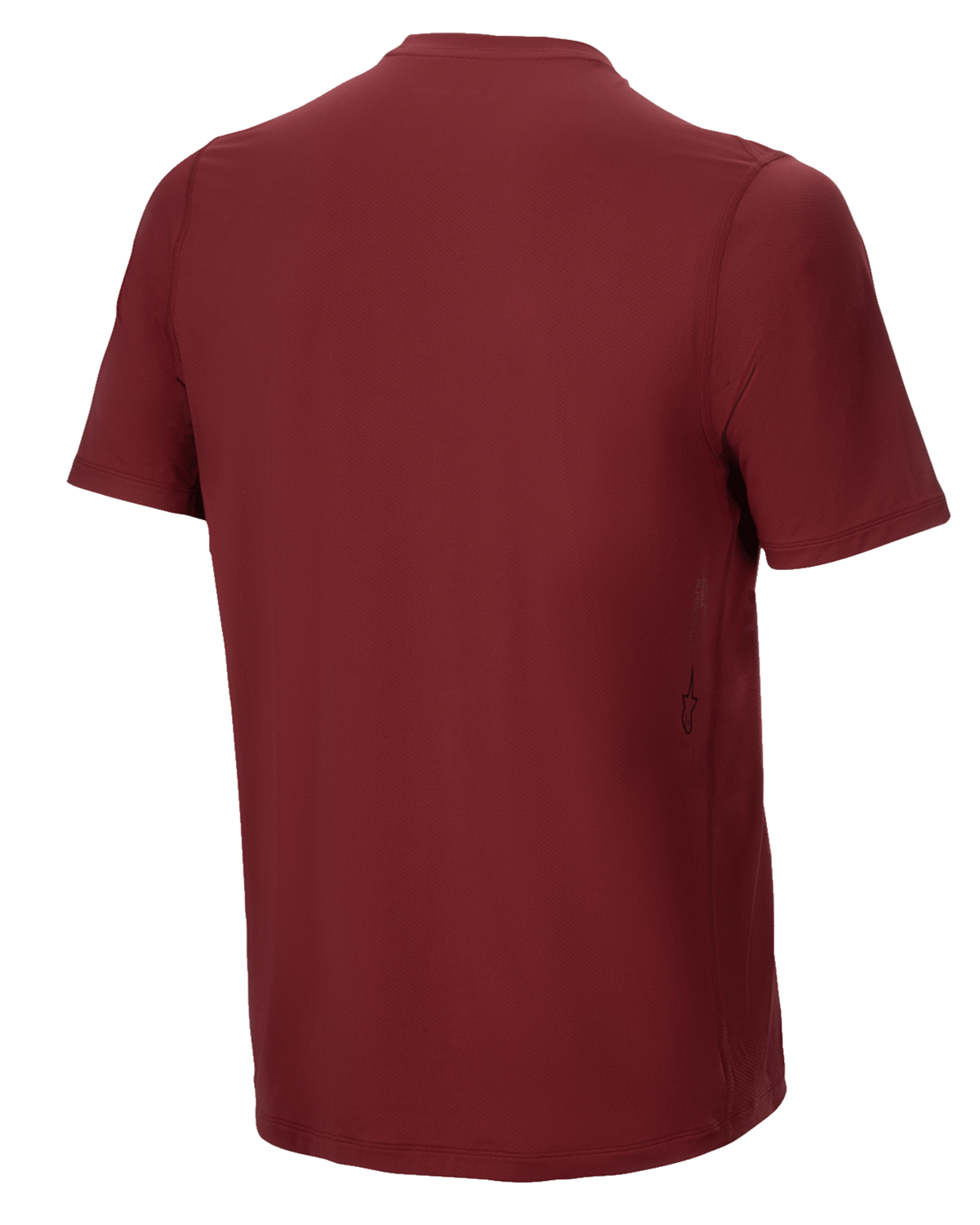 Alpinestars A-Dura Switch Short Sleeve Jersey, Borgonha, vista traseira, com bainha traseira alongada e pequeno logótipo vertical Alpinestars na lateral inferior, vestuário de alta performance para ciclismo MTB