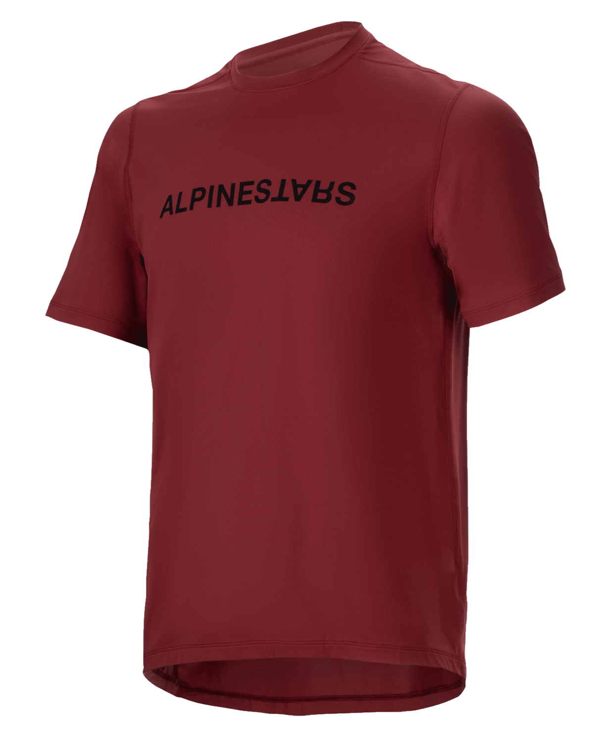 Alpinestars A-Dura Switch Jersey, camisola de manga curta para BTT, cor bordeaux com logótipo preto no peito, tecido leve com absorção de humidade, gola redonda e cauda longa, concebida para ciclismo de montanha