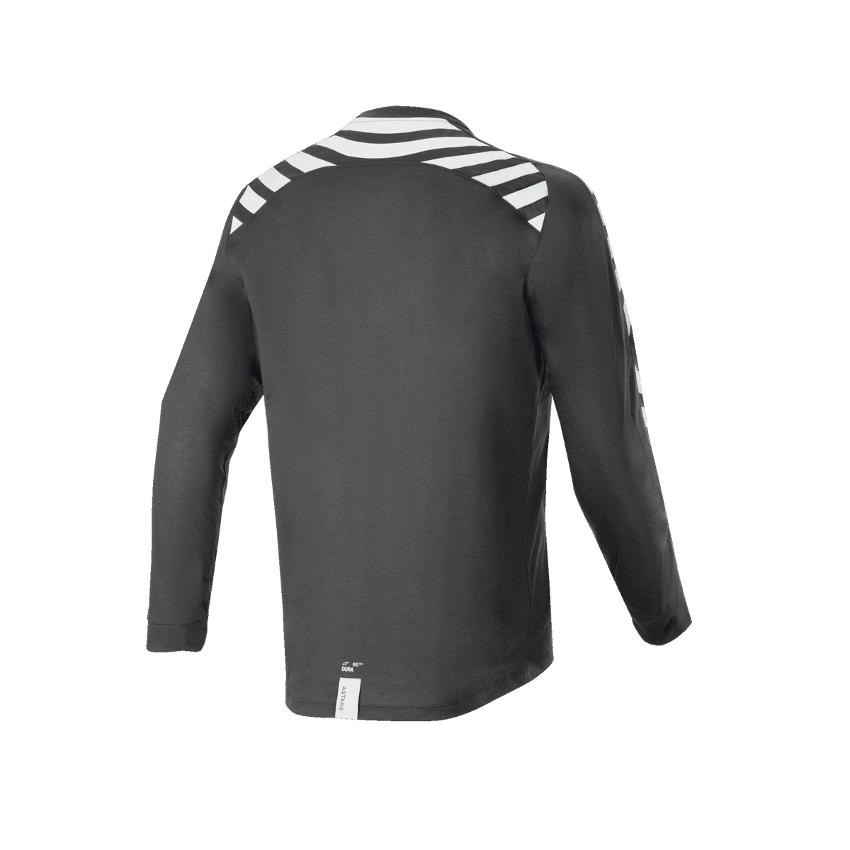 Alpinestars A-Dura Dri Oscar Long Sleeve Jersey, camisola de manga comprida, preto refletor, vista traseira com riscas refletoras brancas nos ombros e braços, tecido técnico reciclado drirelease, bainha traseira mais comprida para ciclismo off-road