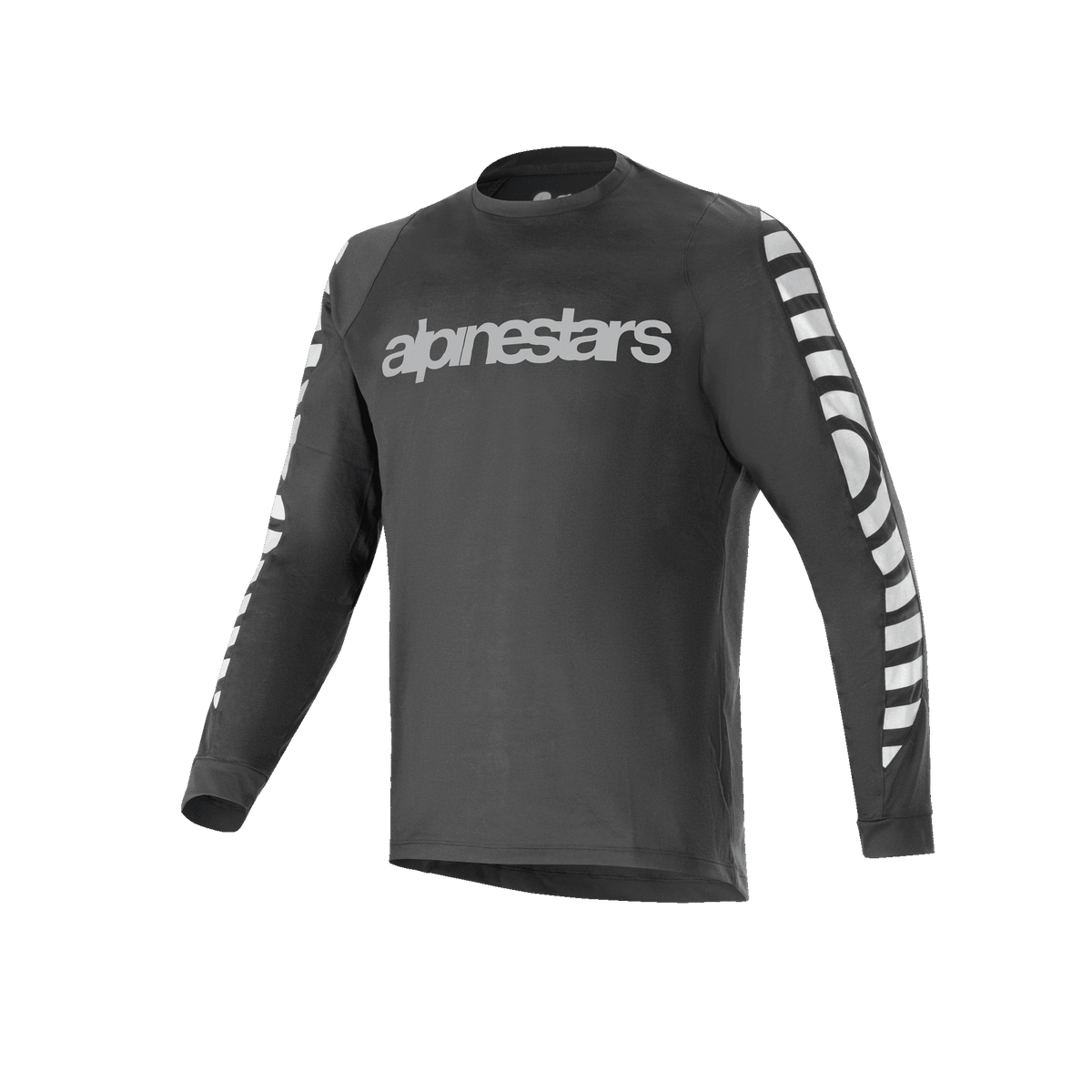 Camisola Alpinestars A-Dura Dri Oscar de manga comprida, camisola de ciclismo, preto refletor, com um grande logótipo prateado refletor no peito e padrões gráficos nas mangas, vestuário técnico de alta performance para BTT
