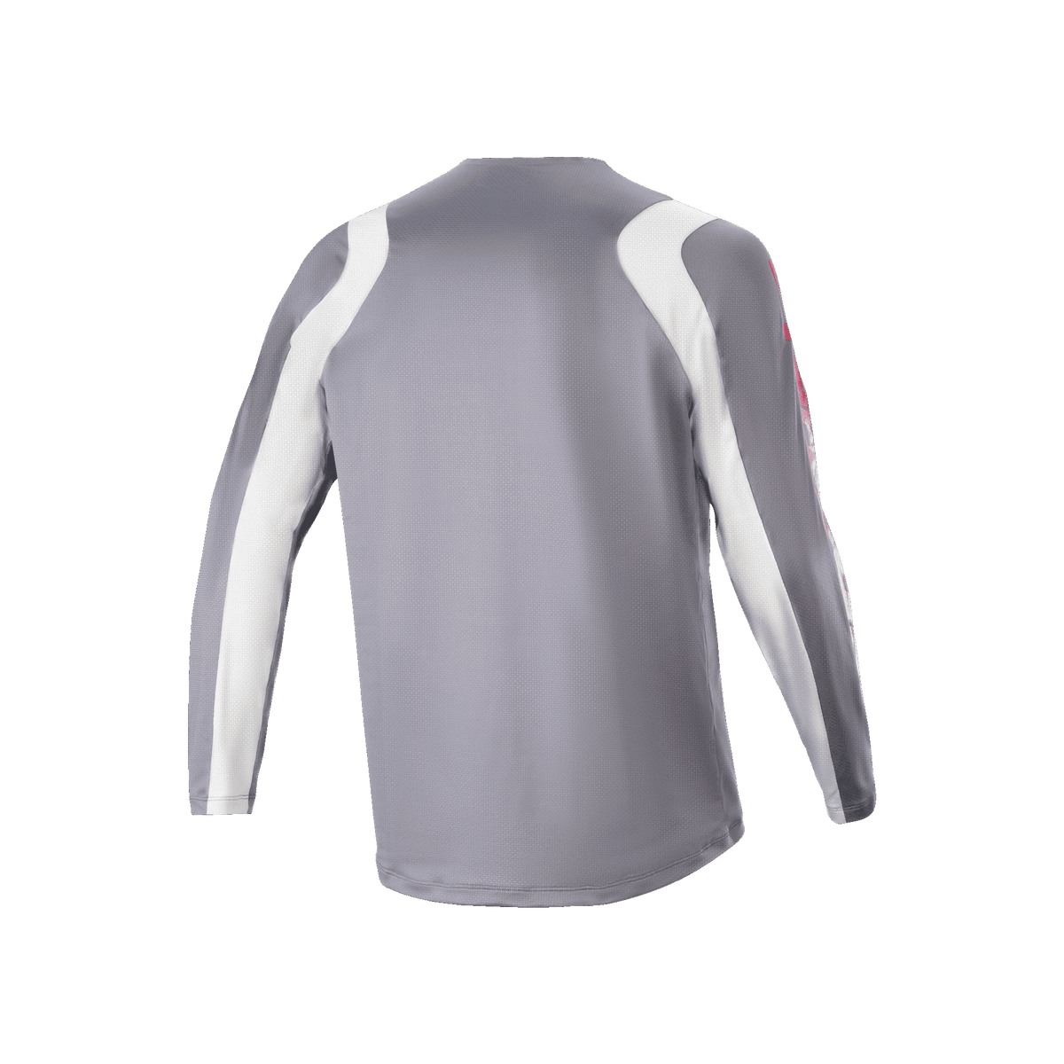 Camisola de Manga Comprida Alpinestars A-Supra Astar, cinzento escuro e branco, vista traseira mostrando textura de malha ventilada e cauda mais longa, equipamento de ciclismo de performance para MTB