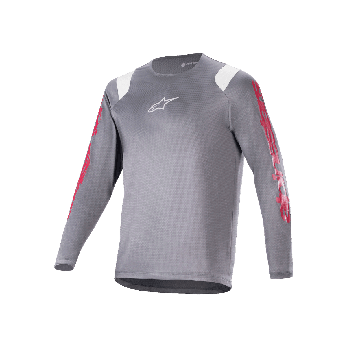 Alpinestars A-Supra Astar Jersey de Manga Comprida, camisola de MTB cinza escuro com gráficos vermelhos nas mangas e detalhes brancos nos ombros, logótipo Astars branco no peito, vestuário de ciclismo de alta performance para BTT