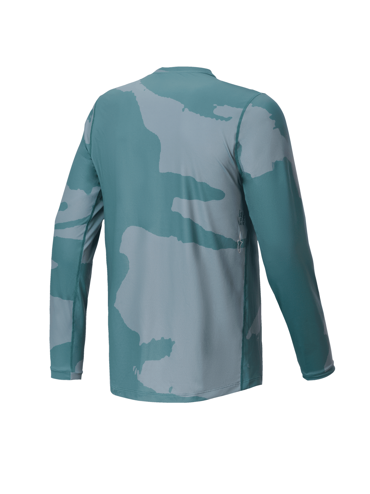 Alpinestars Youth A-Dura Hollow Camo Jersey, camisola de BTT de manga comprida para jovens, verde camuflado Silver Pine, vista traseira com detalhe de logótipo pequeno e cauda mais longa para maior cobertura ao pedalar