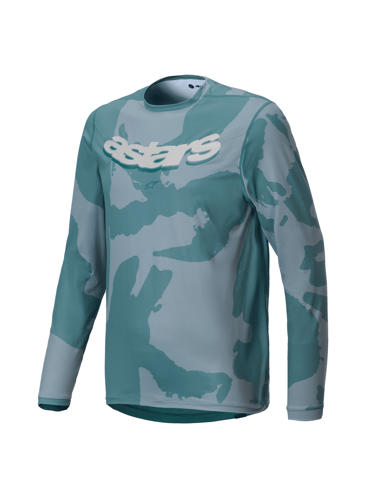 Alpinestars Youth A-Dura Hollow Camo Jersey, camisola de BTT de manga comprida, padrão de camuflagem Silver Pine com tons de azul-petróleo e cinzento, logótipo astars branco em destaque no peito, tecido de alta performance para a prática de trilhos para jovens