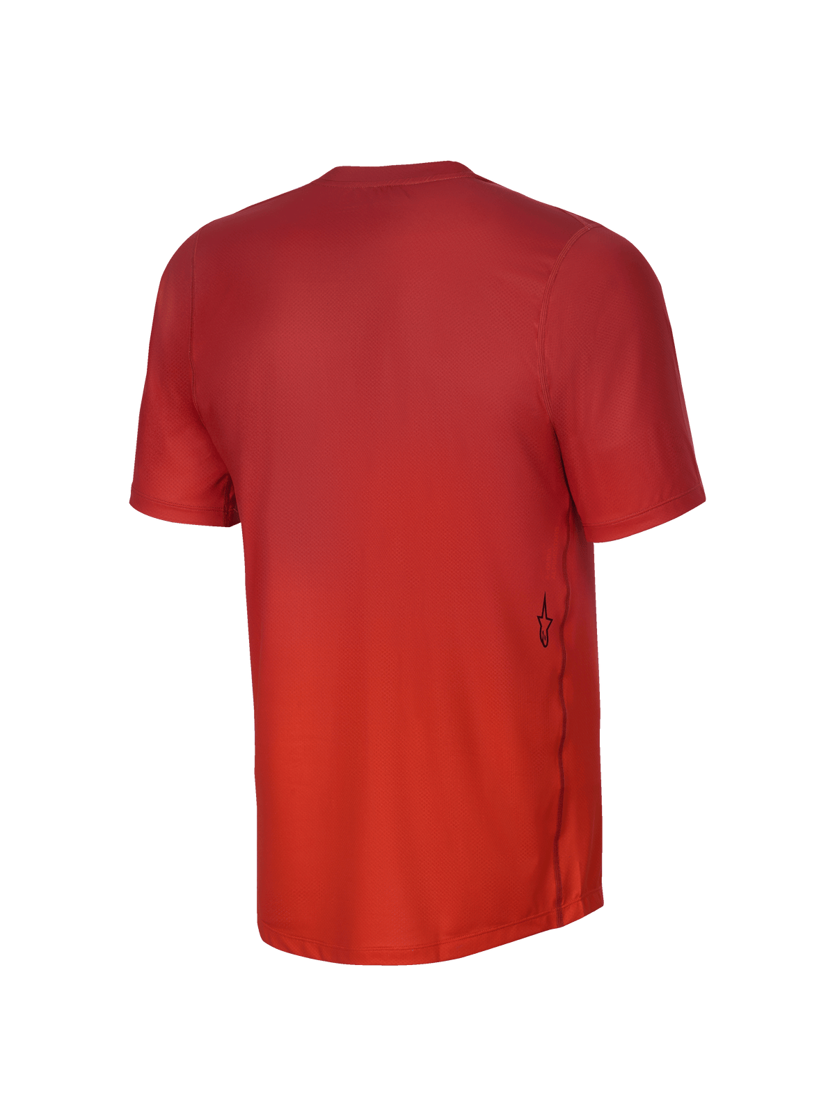 Alpinestars Camisola de Manga Curta Youth A-Dura Rise, vista traseira, Spicy Orange, com textura de tecido jacquard, um pequeno logótipo Astars preto na parte lateral inferior e uma bainha traseira mais comprida para cobertura em BTT.