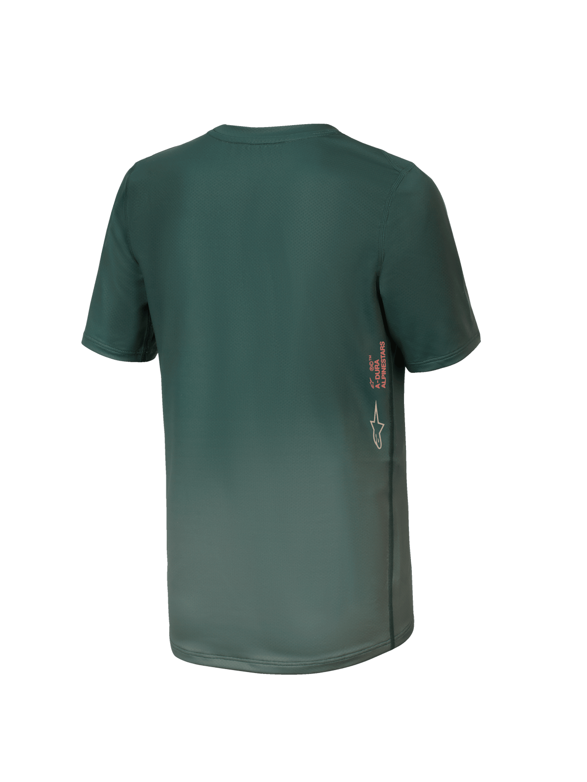 Alpinestars Youth A-Dura Rise Jersey, camisola de MTB de manga curta, verde Silver Pine, vista traseira com logótipo Astars e marca A-DURA vertical na lateral, bainha traseira mais comprida, tecido técnico de absorção de humidade