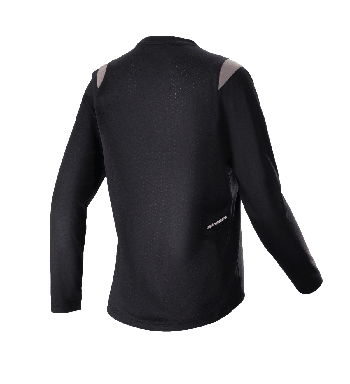 Alpinestars Stella Alps Escape Camisola de Manga Comprida para Mulher, preta com detalhes cinzentos nos ombros, vista traseira com painel de malha perfurada para ventilação e pequeno logótipo Alpinestars, equipamento de ciclismo de montanha