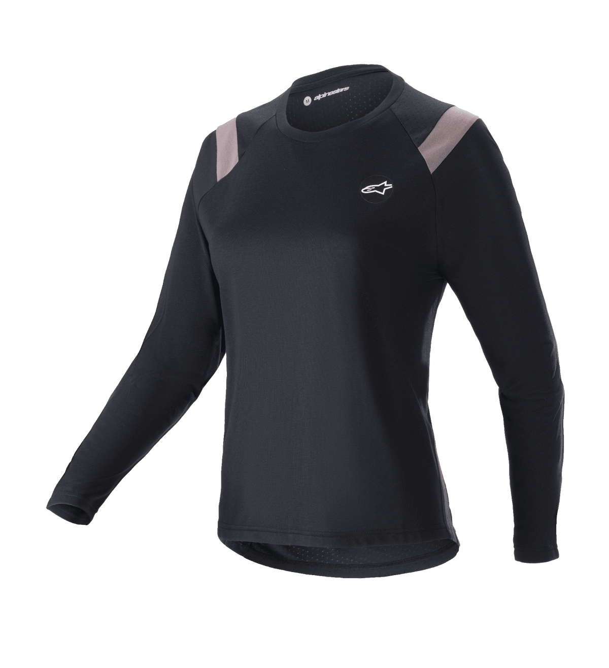 Alpinestars Stella Alps Escape Jersey, camisola de manga comprida de ciclismo de montanha para mulher, preta com painéis cinzento claro nos ombros, gola redonda, pequeno logótipo branco no peito, corte atlético de alta performance