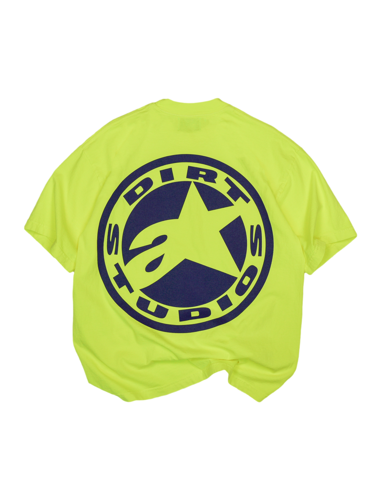T-shirt Alpinestars x Dirt Studios Edição Limitada Tech Series, t-shirt de manga curta em amarelo fluo, grande logótipo circular azul-marinho nas costas com estrela, algodão premium, estilo casual de motocross.