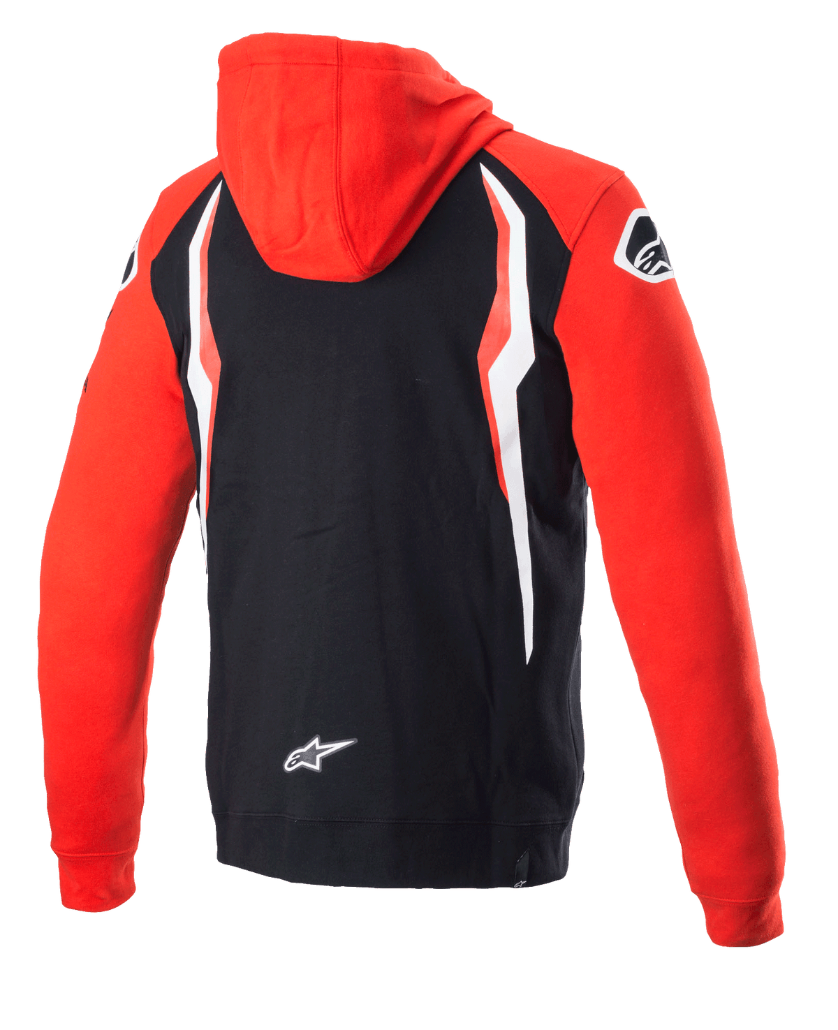 Alpinestars Honda Zip Hoodie, vermelho e preto, vista traseira, casaco com capuz e fecho de marca conjunta com capuz e mangas vermelhas, costas pretas com painéis contrastantes brancos e vermelhos, logótipo Alpinestars na parte inferior das costas, streetwear casual inspirado no desporto motorizado