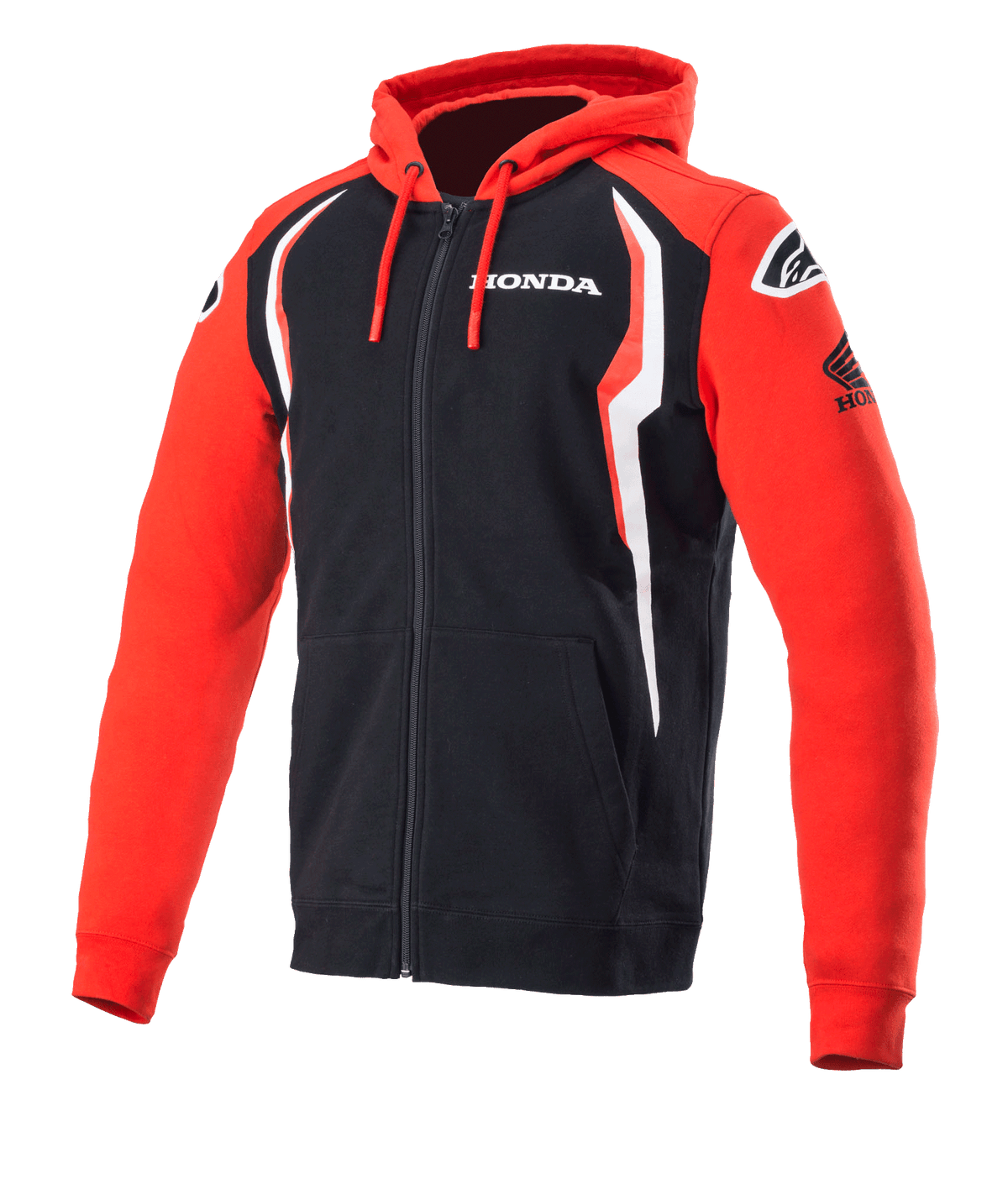 Alpinestars Honda Zip Hoodie, sweatshirt com capuz e fecho integral, vermelho e preto com pormenores brancos, logótipo Honda no peito e na manga, logótipos Alpinestars nos ombros, capuz com cordão, vestuário casual de desporto motorizado