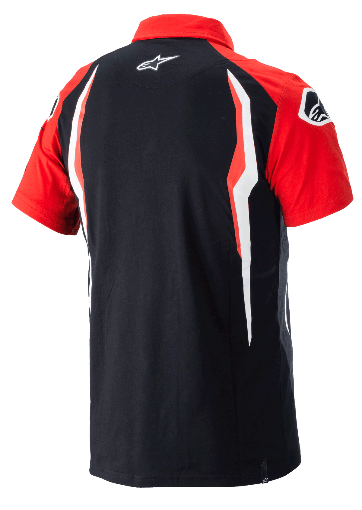 Polo Alpinestars Honda, polo de manga curta, vermelho e preto, vista traseira com painéis laterais contrastantes e logótipo Alpinestars nas costas, roupa desportiva casual de desportos motorizados