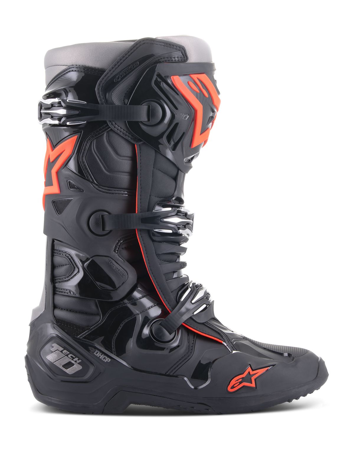 Botas Alpinestars Tech 10, botas de motocross e off-road, pretas e vermelho fluo, sistema de fecho de tripla fivela, estrutura protetora em TPU contornado, logótipo de estrela vermelha na biqueira e construção de alto desempenho para motocross profissional