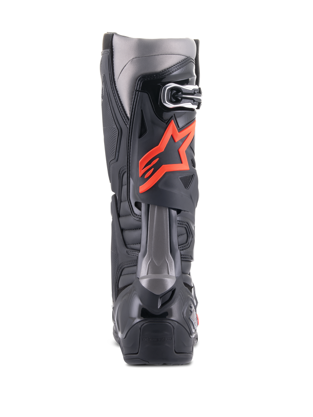 Botas Alpinestars Tech 10, botas de motocross, preto e vermelho fluo, vista traseira com concha técnica em TPU, painéis cinzento escuro e um logótipo de estrela vermelho fluorescente em destaque na zona da panturrilha.