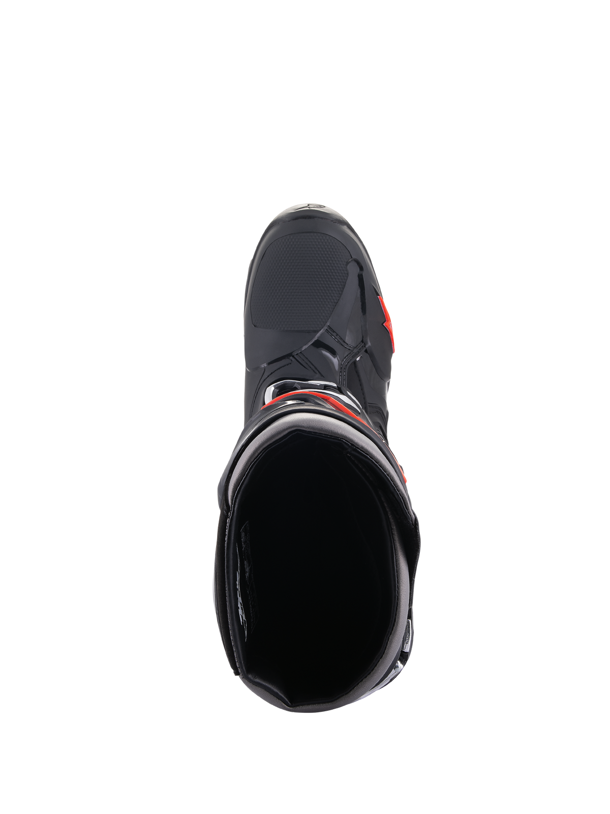 Botas Alpinestars Tech 10, botas de motocross, preto e vermelho fluorescente, vista superior da abertura da bota, apresentando uma estrutura preta aerodinâmica com detalhes vermelhos e zona frontal texturizada