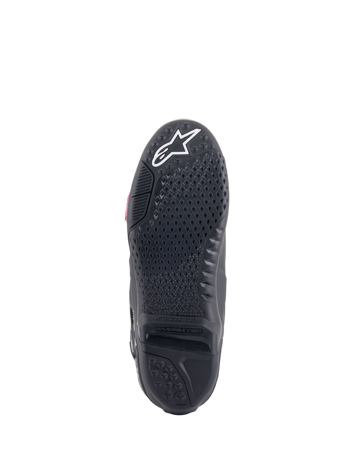 Botas Alpinestars Tech 10, botas de motocross, vista da sola preta, com escultura de aderência proprietária e rasto texturado, logótipo de estrela branca na biqueira e inserção central da sola substituível para desempenho em todo-o-terreno