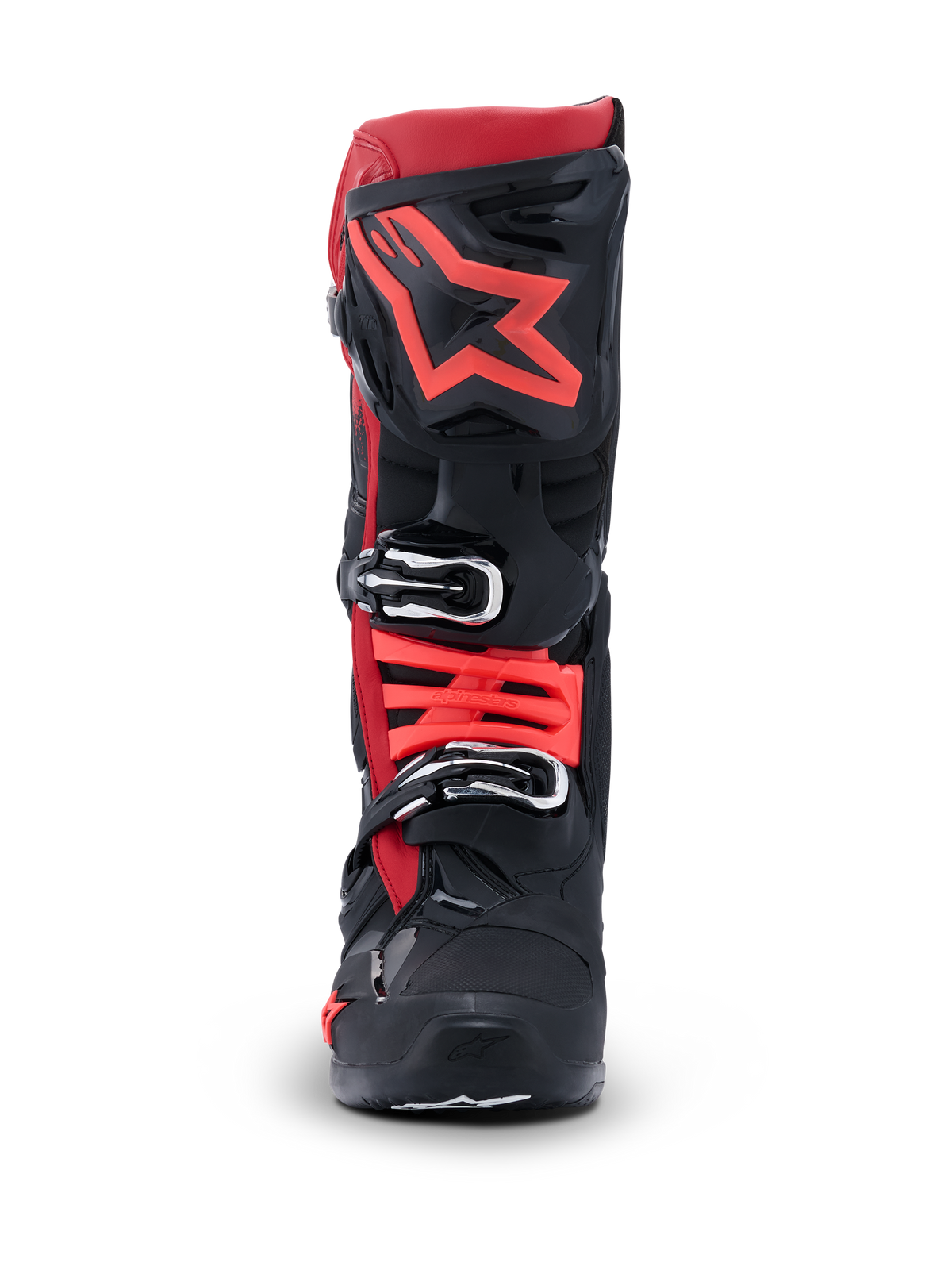 Botas Alpinestars Tech 10, botas de motocross, pretas e vermelhas, vista frontal com grande logótipo de estrela vermelha na proteção da canela e fechos de fivela prateados, equipamento de proteção avançado para corridas todo-o-terreno