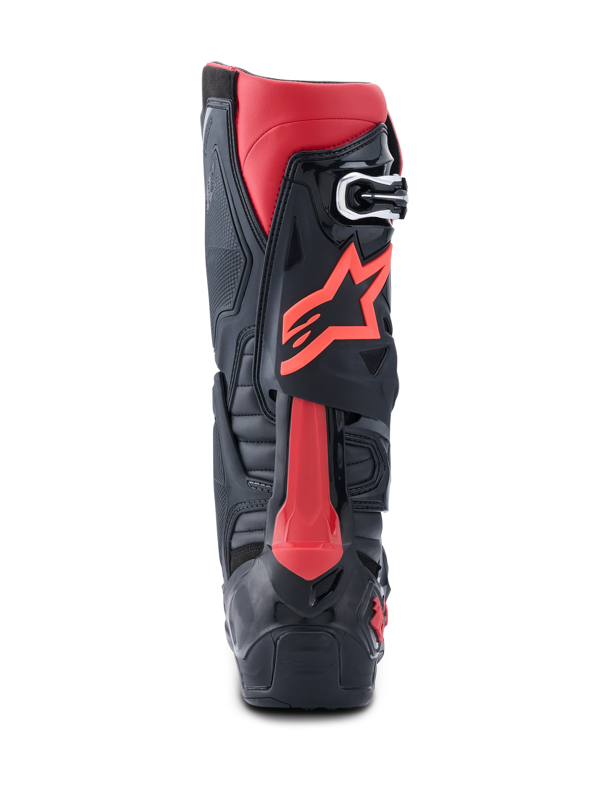 Botas Alpinestars Tech 10, botas de motocross, pretas e vermelhas, vista de perfil traseiro com logótipo Astars vermelho, Protetor de Compressão Dinâmica do Calcanhar e chassis de TPU robusto para corridas todo-o-terreno de alto desempenho