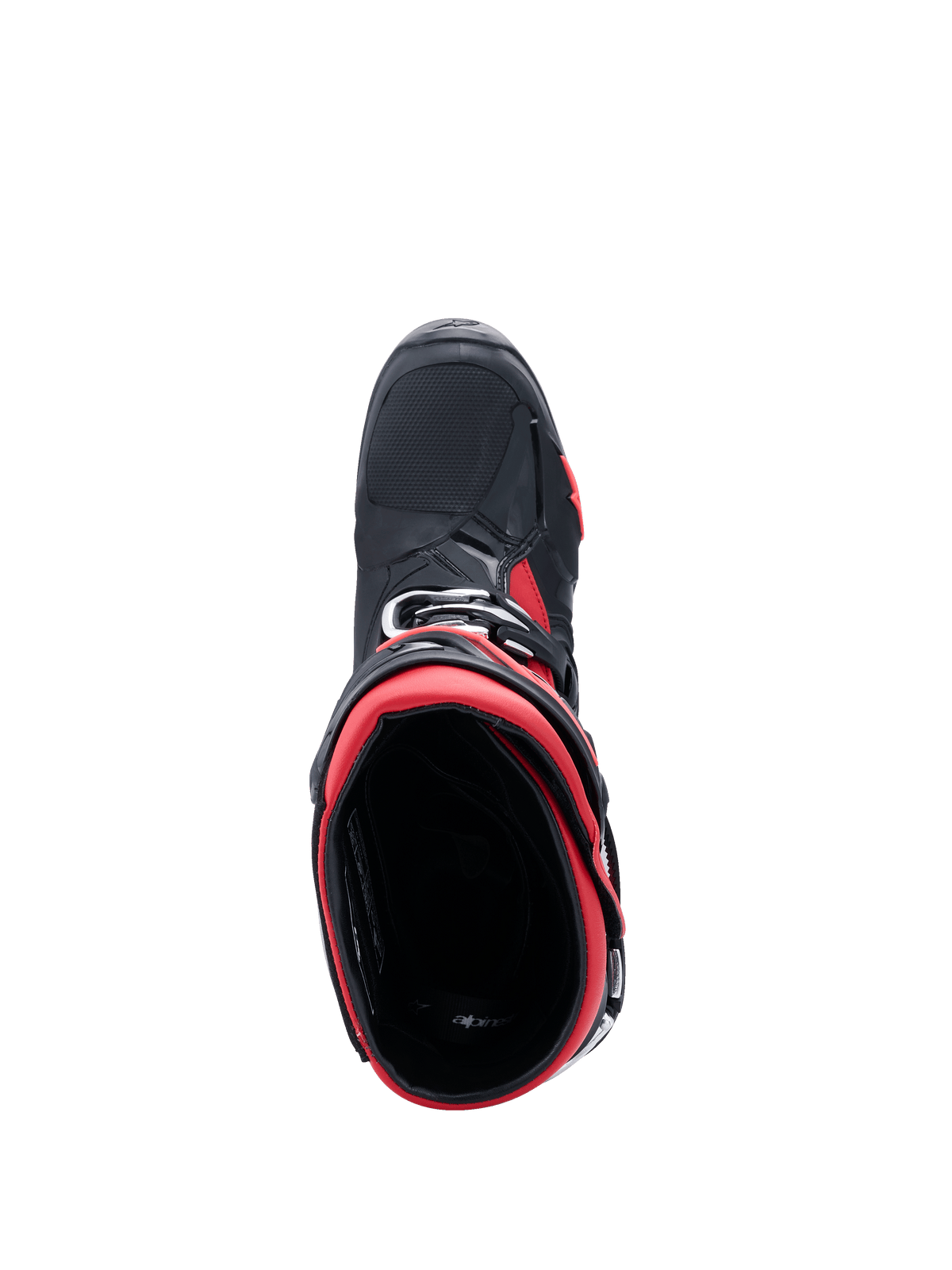 Botas de Motocross Alpinestars Tech 10, pretas e vermelhas, vista superior focada na abertura da bota, destacando o forro interior vermelho e o chassis exterior preto com detalhes vermelhos, design elegante e profissional de equipamento para todo-o-terreno