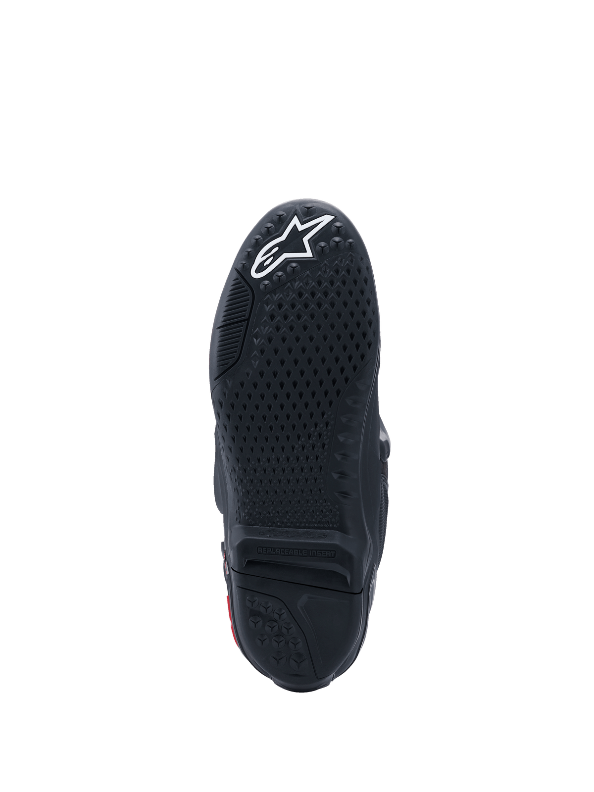 Botas Alpinestars Tech 10, vista da sola, pretas com logótipo branco, padrão de aderência texturizado, inserto central substituível, calçado de motocross de alta performance
