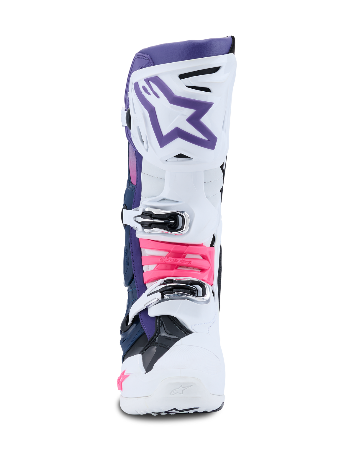 Alpinestars Tech 10 Boots, Motocross Boots, White Violet Navy Blue and Pink Fluo, front view, featuring a white protective shell with a violet top section, purple star logo, and bright pink buckle accents, professional-grade off-road footwear