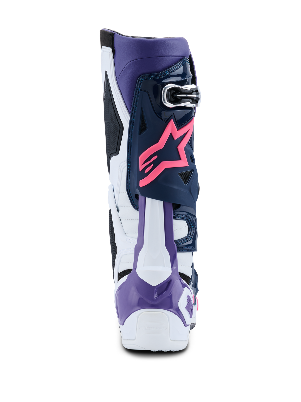 Alpinestars Tech 10 Boots, Motocross Boots, White Violet Navy Blue and Pink Fluo, rear view featuring pink Alpinestars star logo, violet heel protector, and high-performance multi-colored protective panels