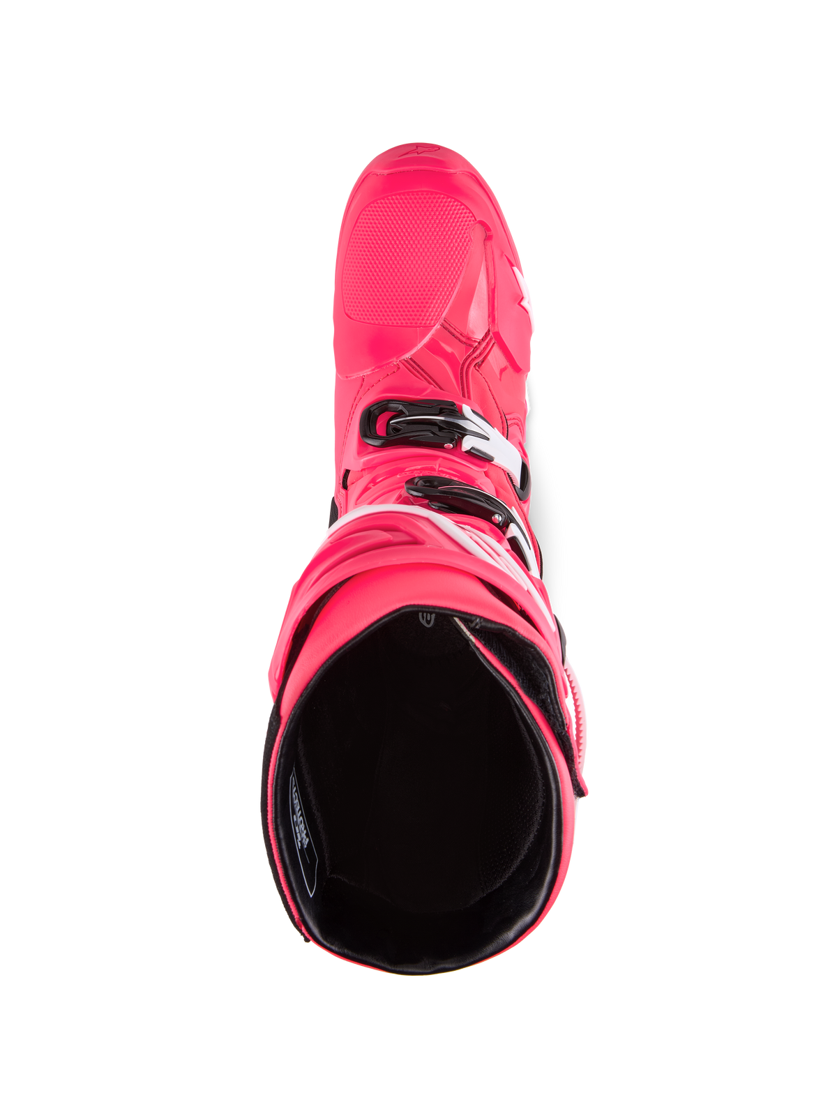 Alpinestars Tech 10 Boots, Motocross Boots, Diva Pink and White, top-down view looking into the black interior lining, pink outer shell with white and black buckle accents, performance off-road footwear
