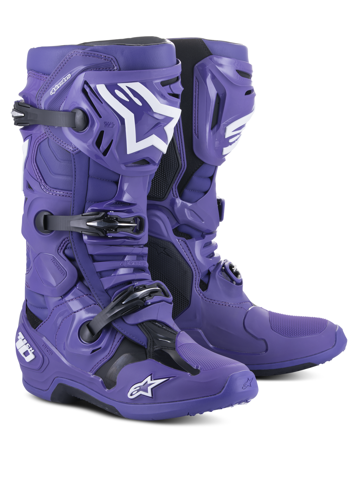Botas de Motocross Alpinestars Tech 10, roxo ultravioleta com detalhes em preto e branco, apresentando um sistema de fecho de tripla fivela, estrutura protetora em TPU e logótipos de estrela Alpinestars, calçado de alta performance para todo-o-terreno
