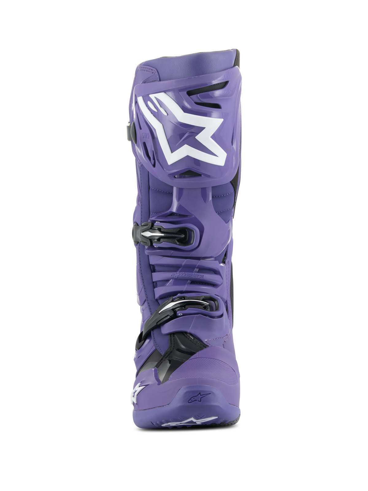 Botas Alpinestars Tech 10, botas de motocross, roxo ultravioleta e preto, vista frontal, com logótipo Alpinestars branco na canela, sistema de fecho de tripla fivela, estrutura em TPU durável para corridas fora de estrada