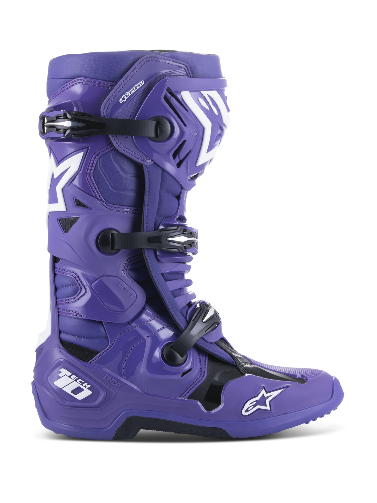 Botas Alpinestars Tech 10, botas de motocross todo-o-terreno, roxo ultravioleta com detalhes em preto e branco, sistema de fecho de fivela tripla, logótipos de estrela brancos, marca Tech 10 no calcanhar, sola robusta, calçado de proteção de alta performance