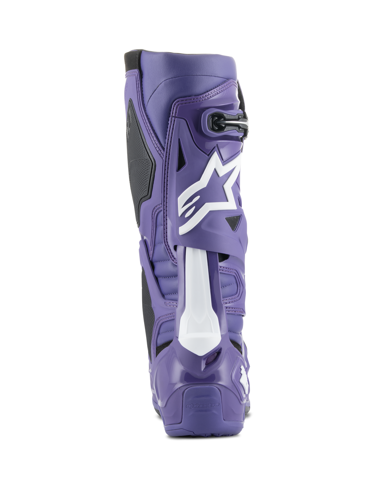 Bota de Motocross Alpinestars Tech 10, ultravioleta e preto, vista traseira mostrando a estrutura de TPU de alta densidade, logótipo Astars branco na barriga da perna e calcanhar reforçado para corridas todo-o-terreno