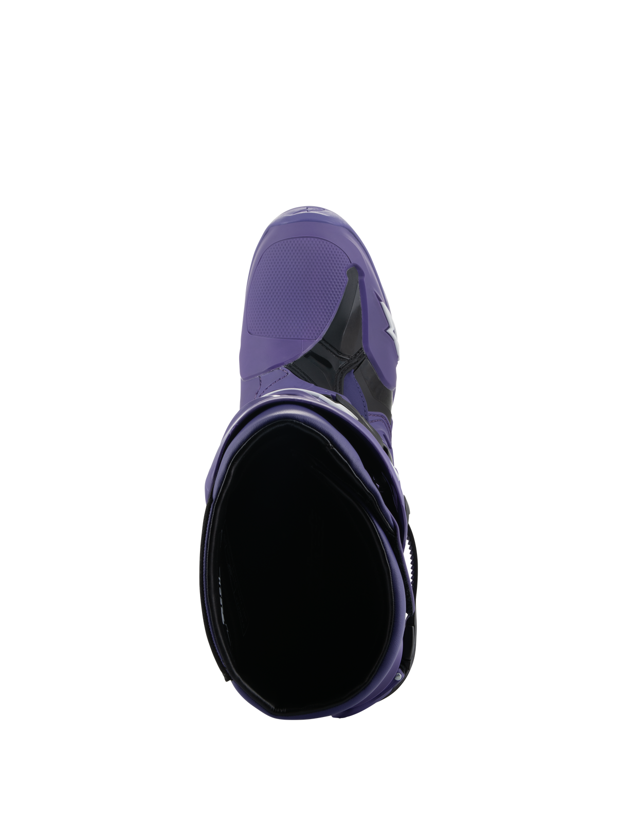Botas Alpinestars Tech 10, botas de motocross, Ultraviolet Black, vista superior com foco na abertura interior, construção em microfibra roxa e TPU preto com logótipo branco, calçado profissional de corrida todo-o-terreno