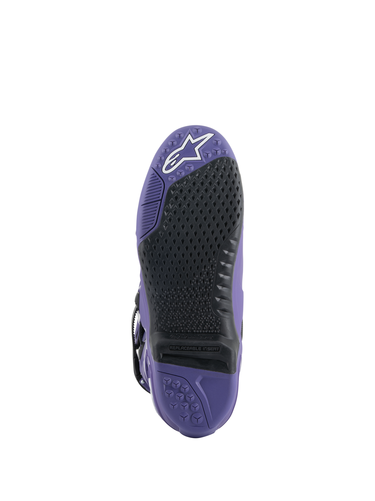 Botas Alpinestars Tech 10, botas de motocross, Ultraviolet Black, vista da sola com inserção de aderência preta substituível, sola exterior roxa com padrões texturizados e logótipo de estrela branco na biqueira