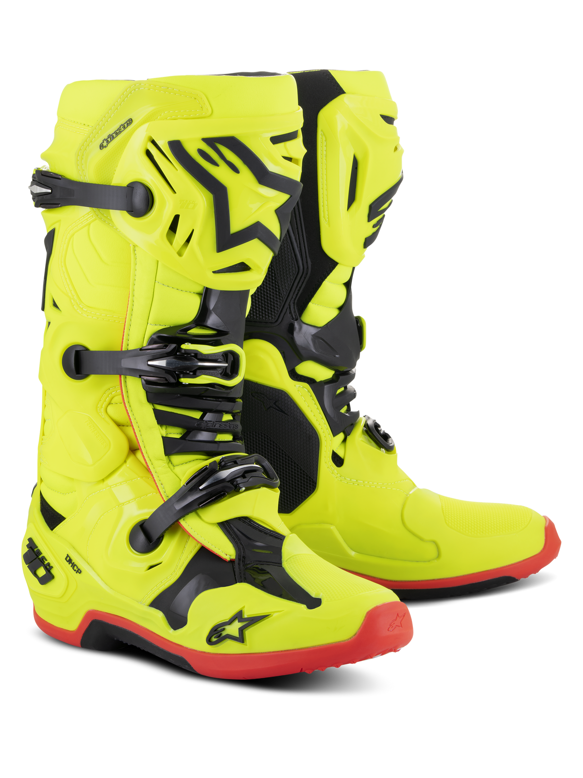 Botas Alpinestars Tech 10, botas de motocross, amarelo fluo com detalhes em preto e vermelho fluo, sistema de fecho triplo com fivelas, estrutura em TPU com logótipo de estrela da Alpinestars, solas vermelhas, equipamento de competição off-road profissional