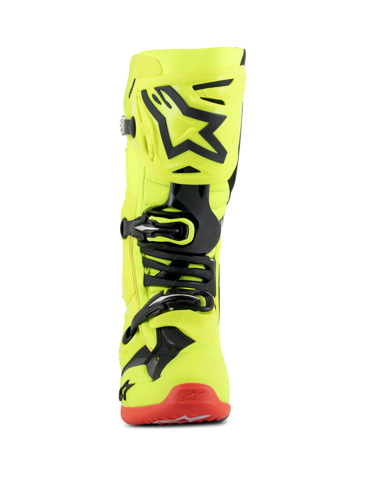 Botas Alpinestars Tech 10, botas de motocross, amarelo fluo, preto e vermelho fluo, vista frontal, chassis amarelo fluorescente com detalhes em TPU preto e sistema de fivelas, sola vermelha, calçado avançado para corridas off-road