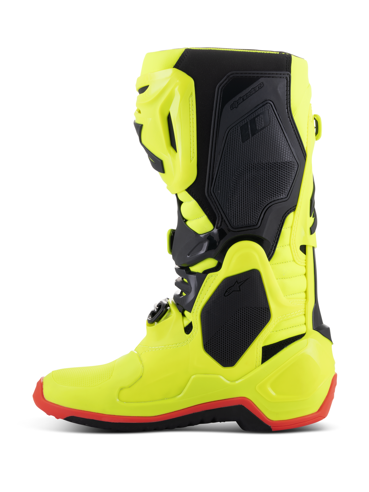 Botas Alpinestars Tech 10, botas de motocross, amarelo fluorescente, preto e vermelho fluorescente, perfil lateral, construção em amarelo néon brilhante com painéis protetores pretos e detalhe da sola em vermelho fluorescente, equipamento de alto desempenho para corridas todo-o-terreno