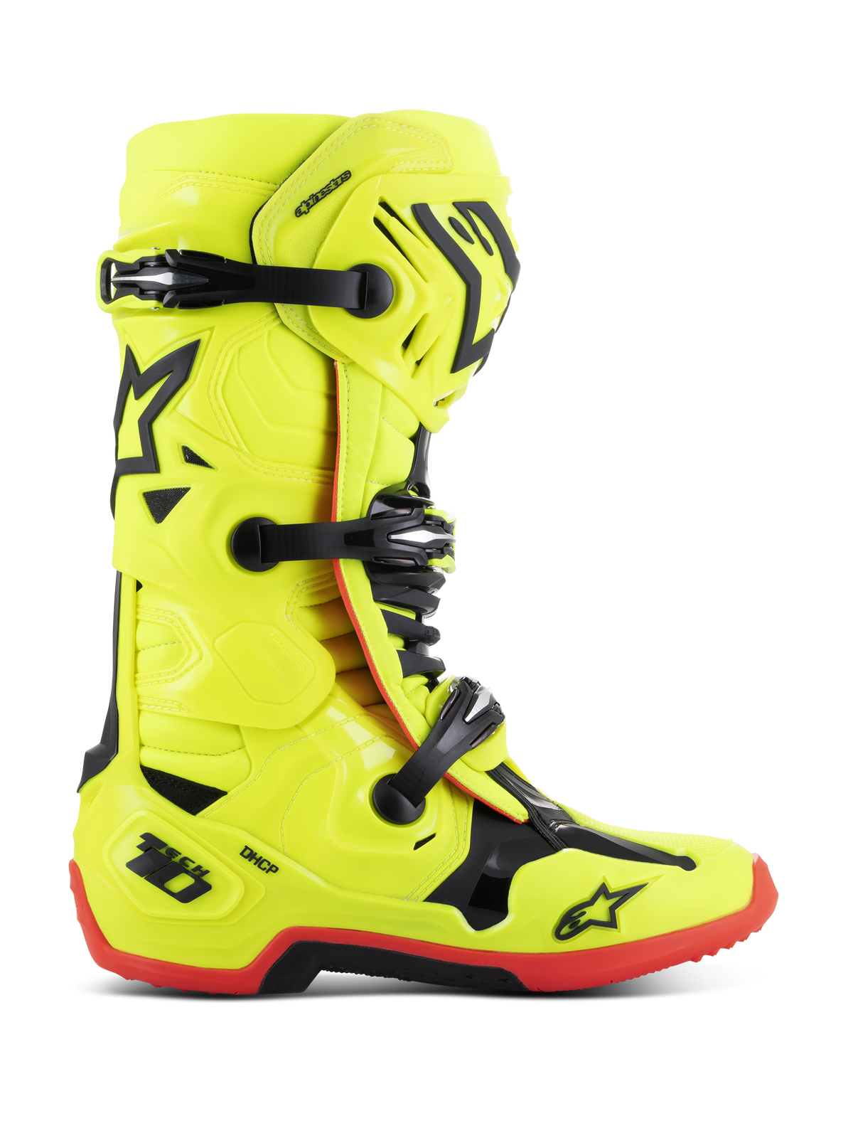 Botas Alpinestars Tech 10, botas de corrida de motocross, amarelo fluorescente com detalhes em preto e vermelho, vista de perfil lateral com fecho de tripla fivela, placa de canela reforçada, sola vermelha de alta tração e proteção de calcanhar DHCP, equipamento profissional de motociclismo off-road