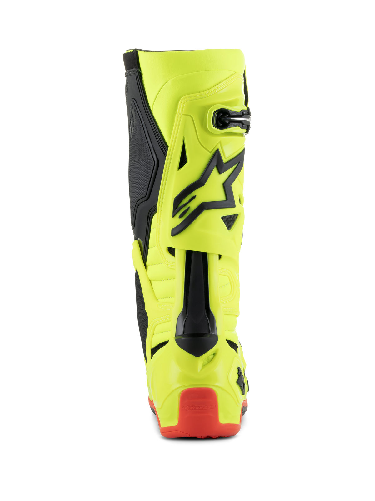Botas Alpinestars Tech 10, botas de motocross, amarelo néon, preto e vermelho néon, vista traseira mostrando o chassis amarelo fluorescente com detalhes pretos e protetor de calcanhar vermelho, calçado profissional de competição todo-o-terreno