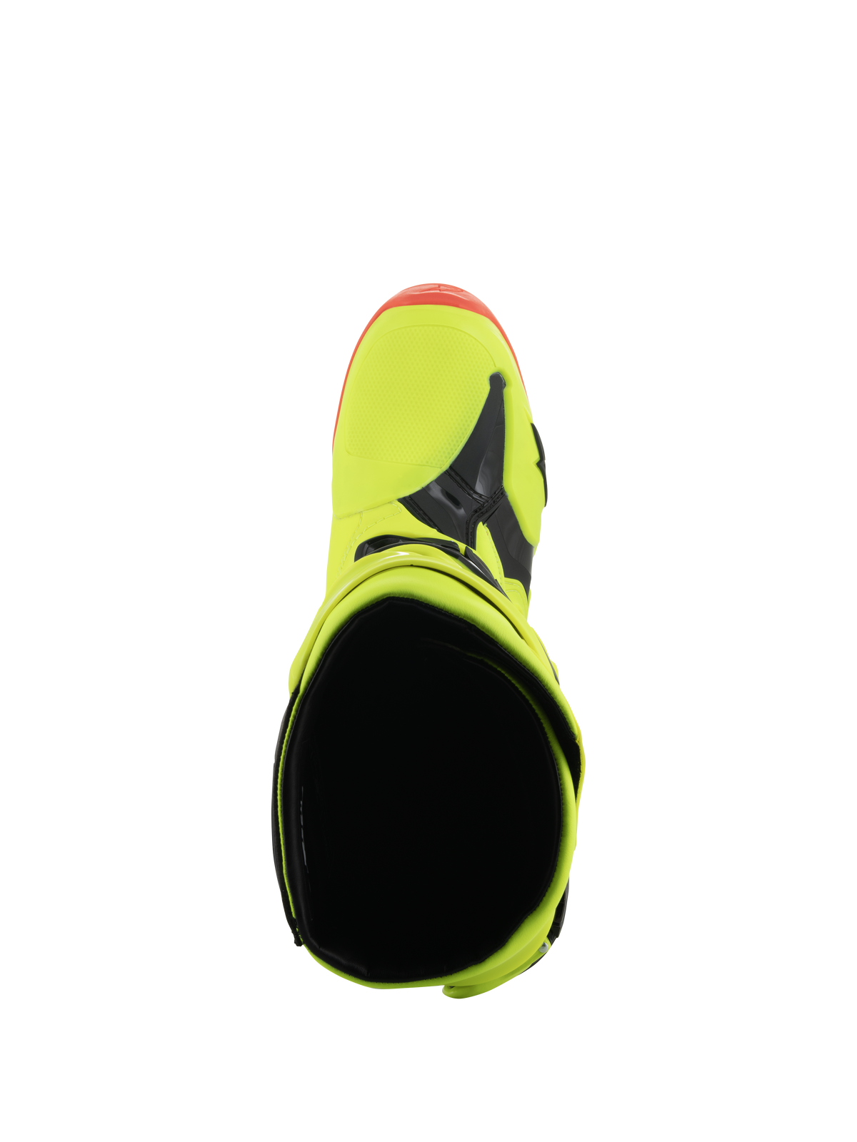 Botas Alpinestars Tech 10, botas de motocross, amarelo fluo, preto e vermelho fluo, vista superior mostrando a abertura interior e a biqueira, cores néon vibrantes com detalhes em preto, calçado profissional para corridas de todo-o-terreno