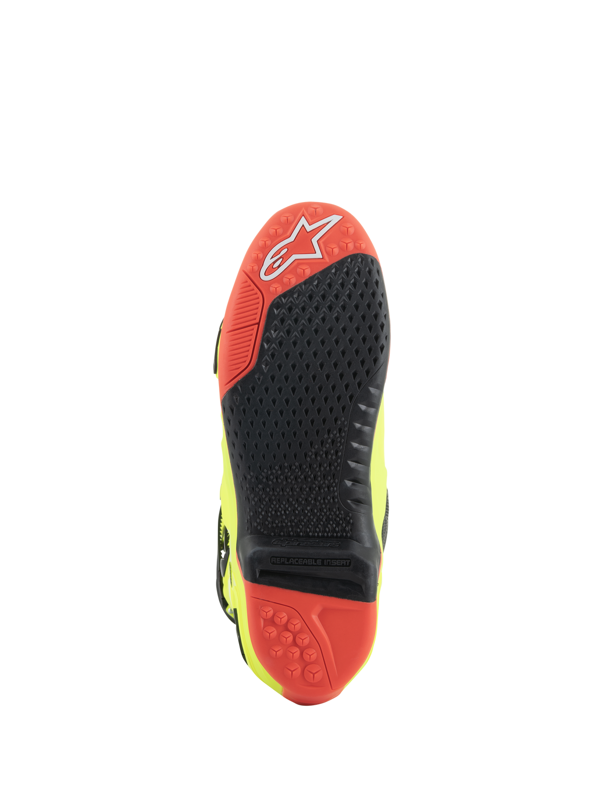 Botas Alpinestars Tech 10, botas de motocross, amarelo néon, preto e vermelho néon, vista da sola com material de composto duplo em vermelho e preto, inserto central de aderência substituível e relevos de tração para desempenho todo-o-terreno