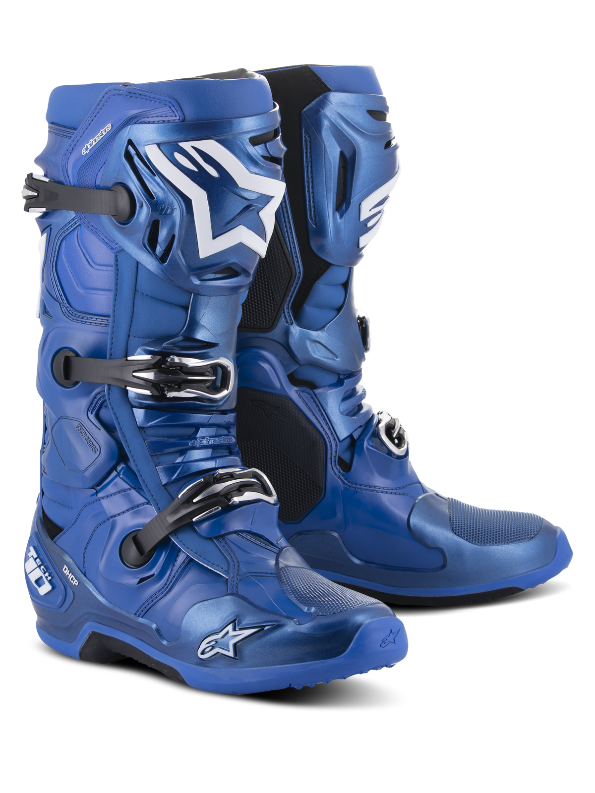 Botas Alpinestars Tech 10, botas de motocross, azul e preto, com um sistema de fecho de fivela tripla, logótipo de estrela Alpinestars branco na canela, estrutura em TPU robusta e sola reforçada para desempenho em todo-o-terreno