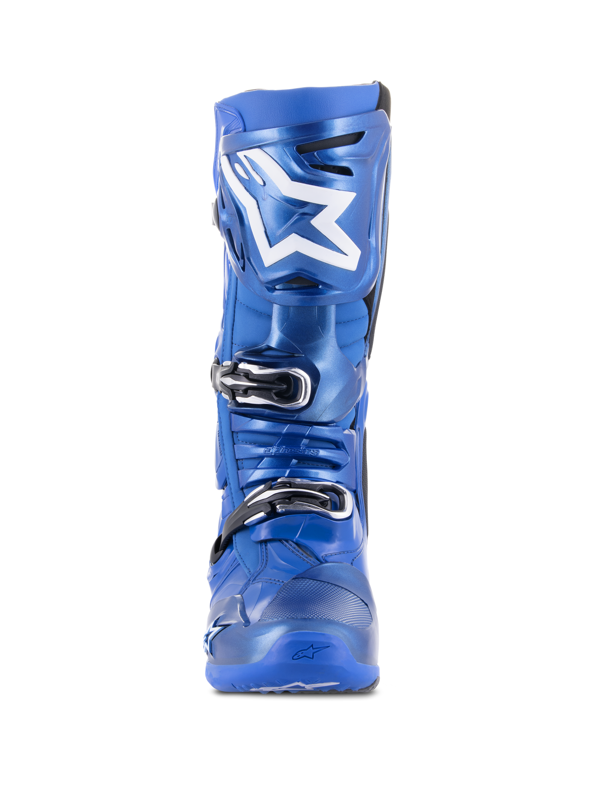 Botas de Motocross Alpinestars Tech 10, azul e preto, vista frontal, com logótipo Astars branco na placa da canela, sistema de fecho triplo de fivelas pretas e prateadas, construção durável em TPU para desempenho todo-o-terreno