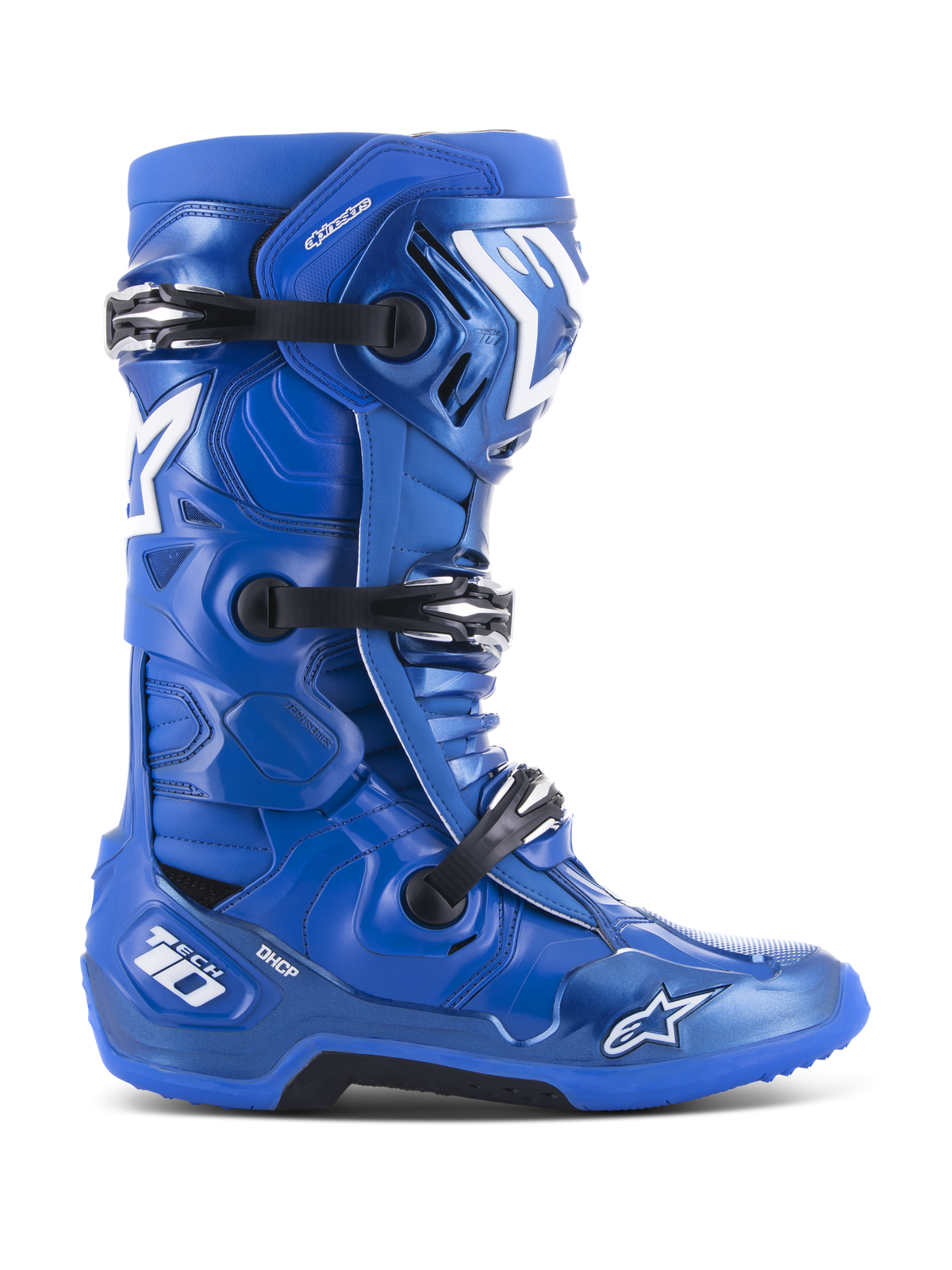 Botas de Motocross Alpinestars Tech 10, azuis com detalhes em branco e preto, perfil lateral, sistema de fecho triplo por fivelas, proteção de calcanhar DHCP, logótipo de estrela e marca Tech 10, sola robusta de alta aderência, equipamento profissional para corridas todo-o-terreno
