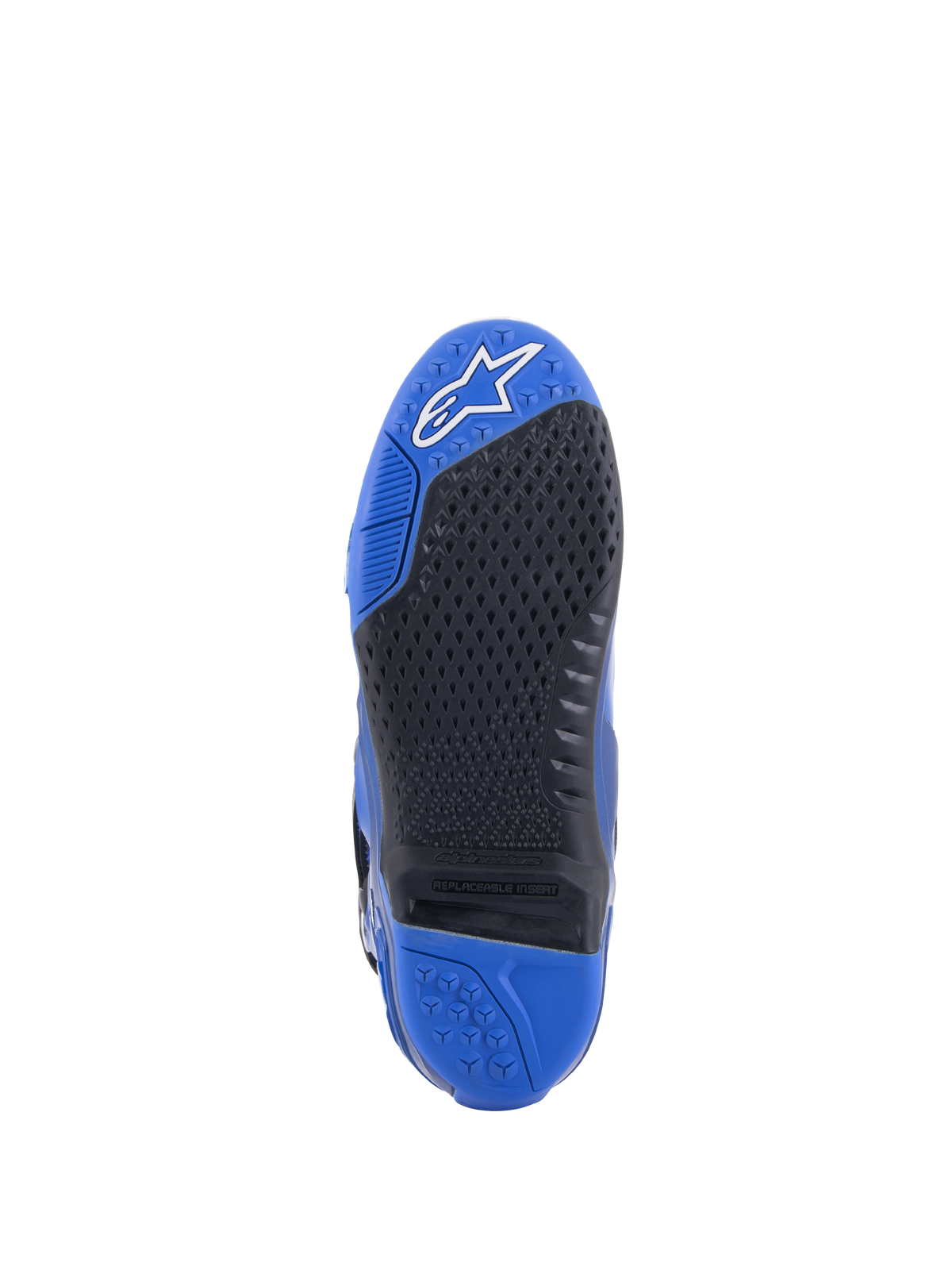 Botas Alpinestars Tech 10, azul e preto, vista detalhada da sola, apresentando um padrão de aderência preto texturado com um inserto central substituível, biqueira azul com logótipo branco e calcanhar azul, design de bota de motocross de alto desempenho