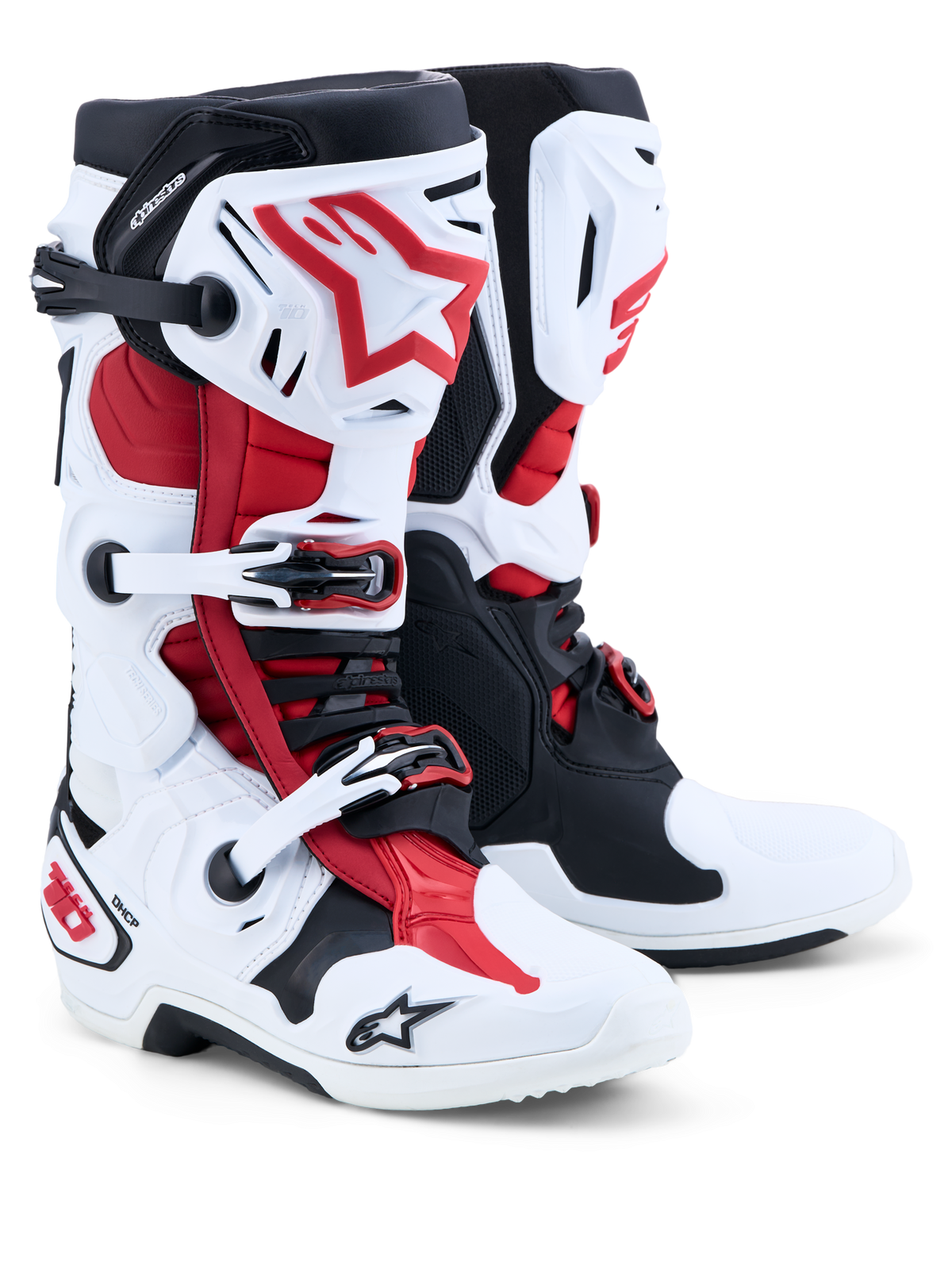 Alpinestars Tech-10, botas de motocross para homem, brancas, pretas e vermelhas, com estrutura de controlo da flexão frontal e estrutura em TPU, certificadas CE