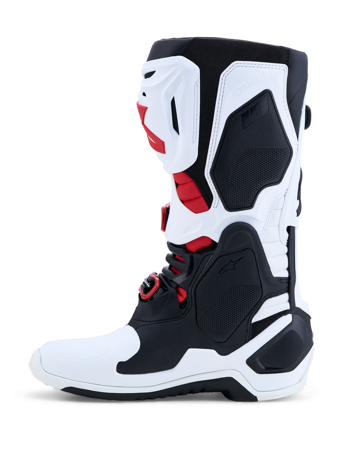 Alpinestars Botas Tech-10, botas de moto para motocross e todo-o-terreno, brancas, pretas e vermelhas, certificadas CE, com estrutura em TPU para competição profissional.
